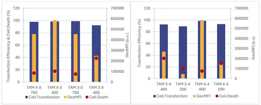 Figure 8 (A) Comparison of cell Transfection, cell viability and protein expression following a 16 hour exposure to
mRNA-LNP formulated using TAMARA at 400 µL and 700 µL volumes (A) and TAMARA at 400 µL and 200 µL volumes
(B), under identical formulation conditions.