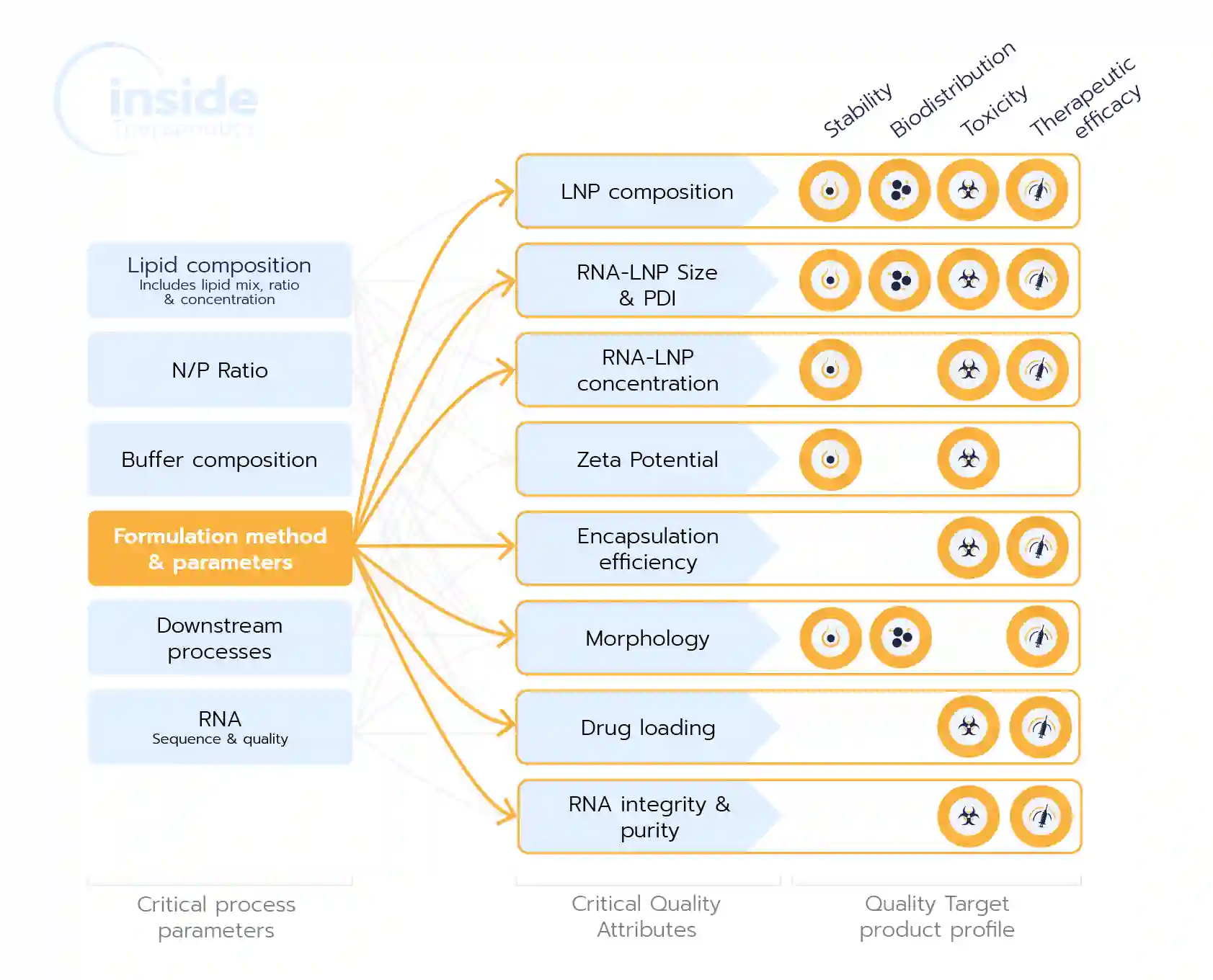 Example of the impact of the LNP formulation method on the CQAs & Quality attributes of the drug product.